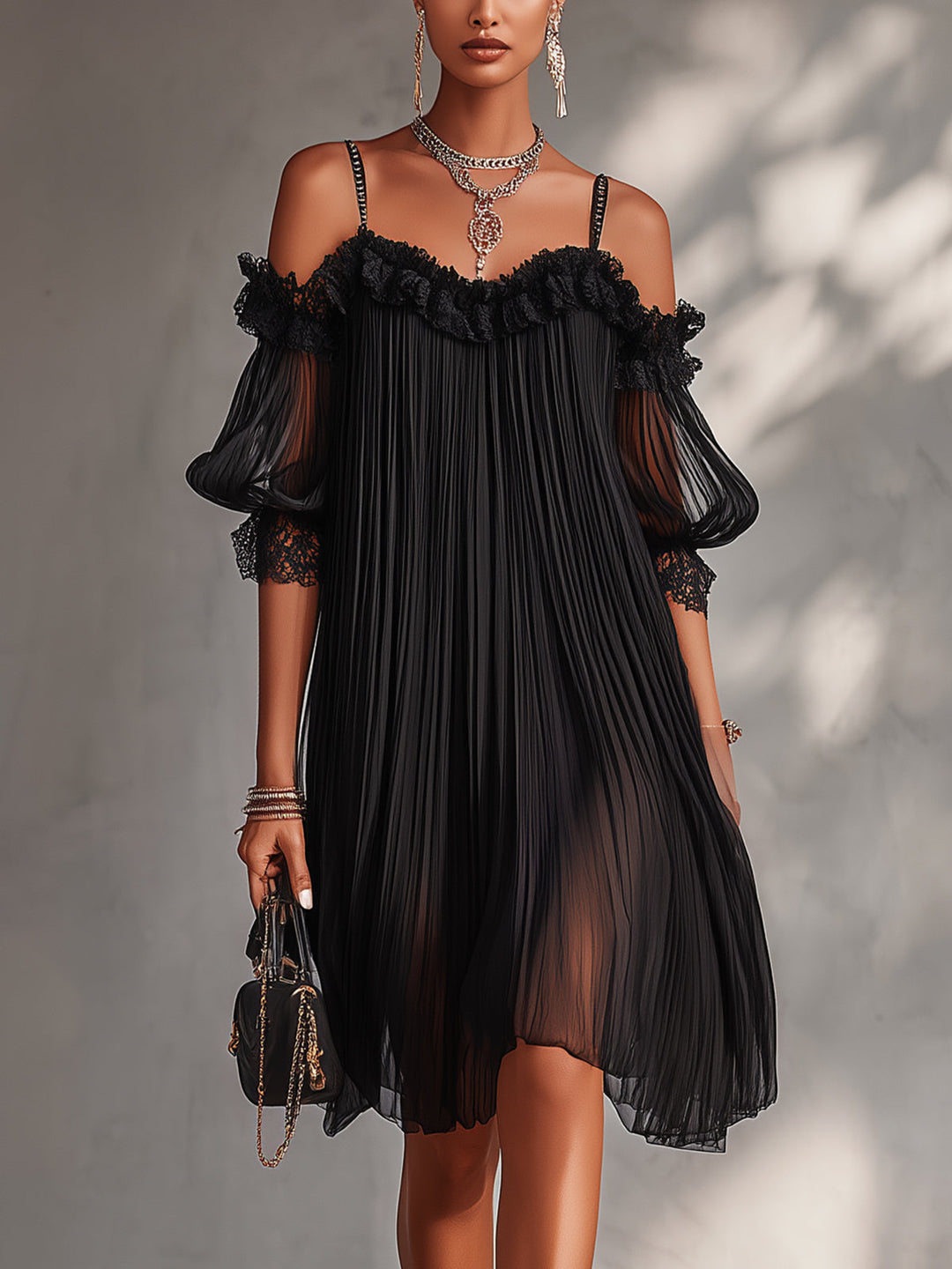 Vittoria | Off-the-Shoulder Chiffon Black Mini Dress with Lace Trim