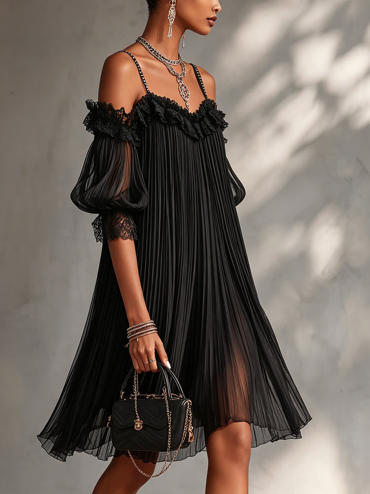 Vittoria | Off-the-Shoulder Chiffon Black Mini Dress with Lace Trim