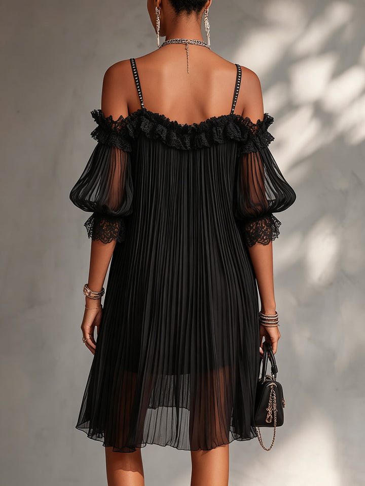 Vittoria | Off-the-Shoulder Chiffon Black Mini Dress with Lace Trim