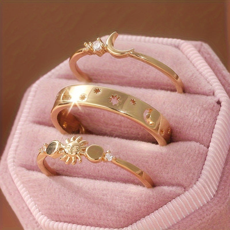Vintage Style Half Moon Inlaid Zirconia Stackable Ring Set