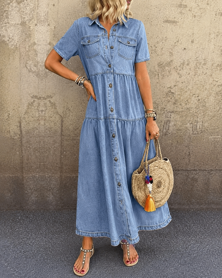 Emma™ | Belly-covering Denim Midi Dress with Buttons