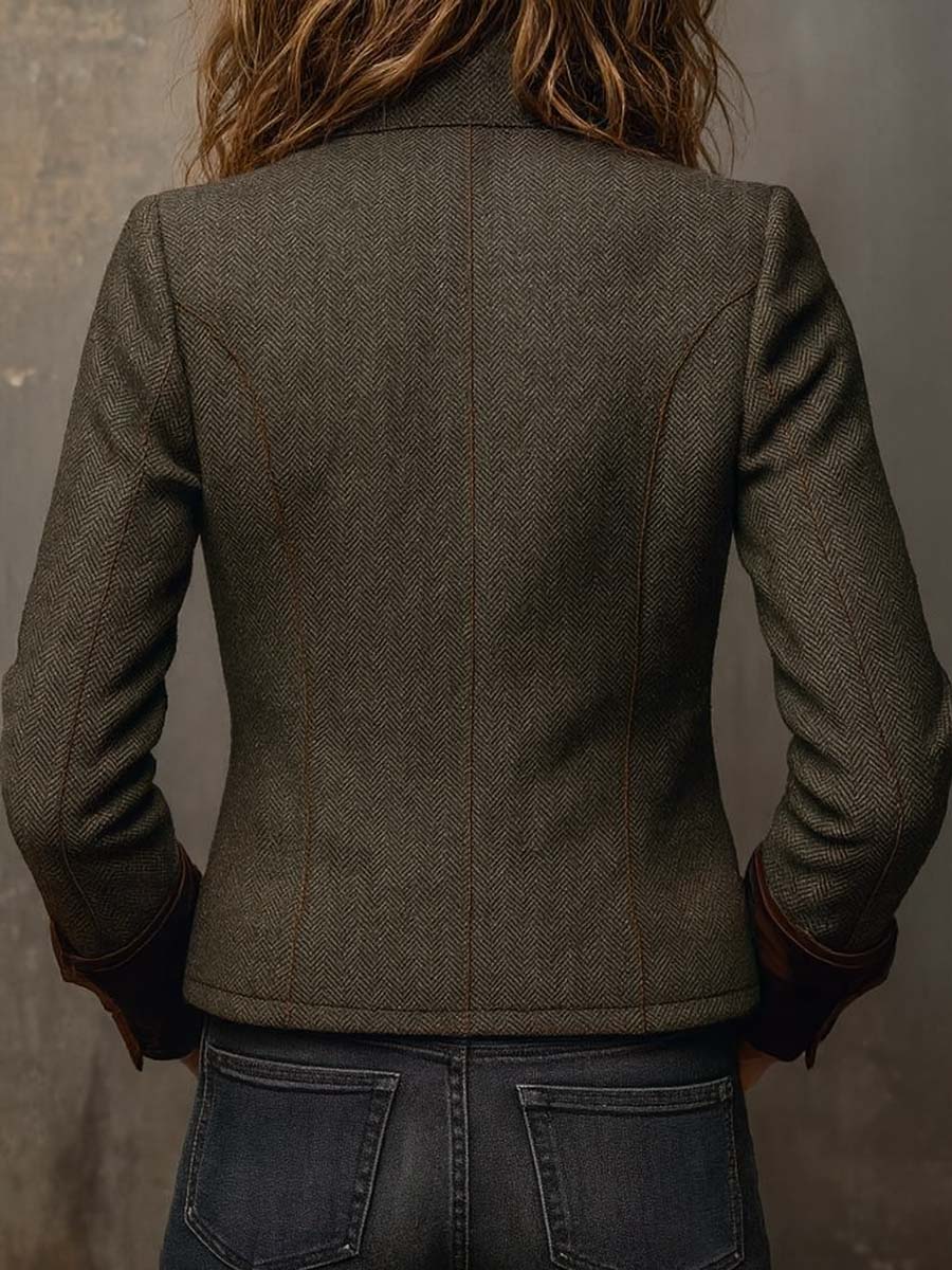 Honorine | Vintage Herringbone Blazer with Contrast Trim