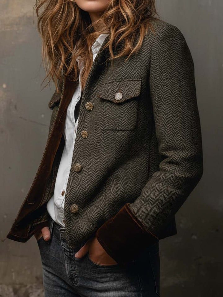 Honorine | Vintage Herringbone Blazer with Contrast Trim