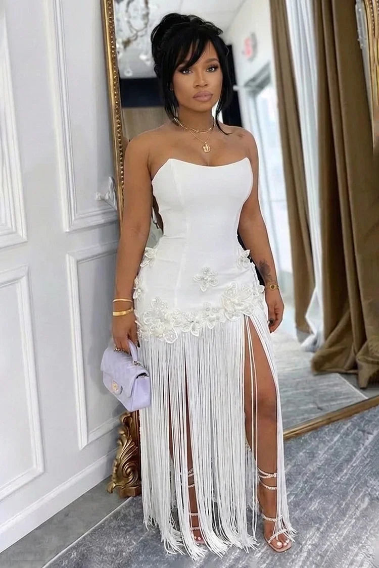 Strapless 3D Flower Fringe Patchwork Gowns Maxi Dress