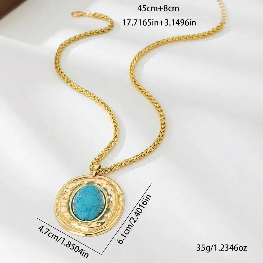 Vintage Snake Skin Chain Oval Faux Turquoise Pendant Necklace