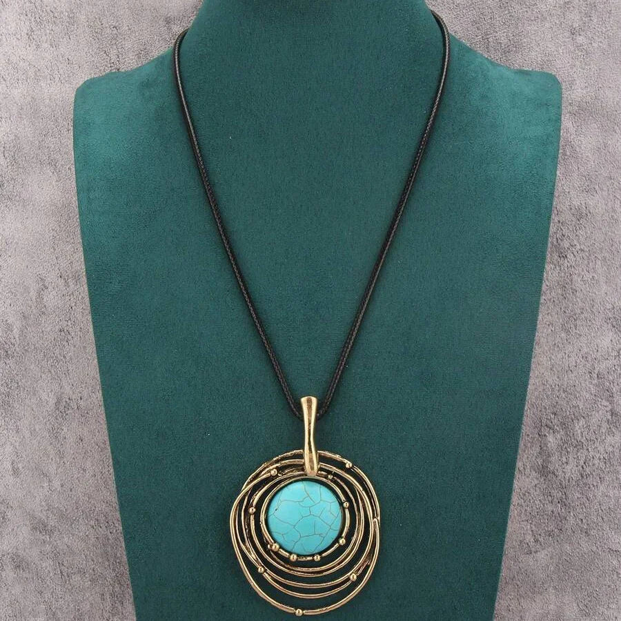Classic Black Wax Cord Turquoise Stone Long Necklace
