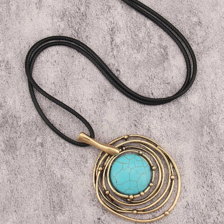 Classic Black Wax Cord Turquoise Stone Long Necklace