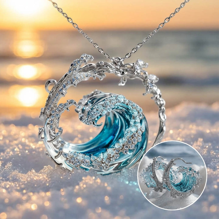 Ocean Wave Necklace & Earrings Set – Silver Tone