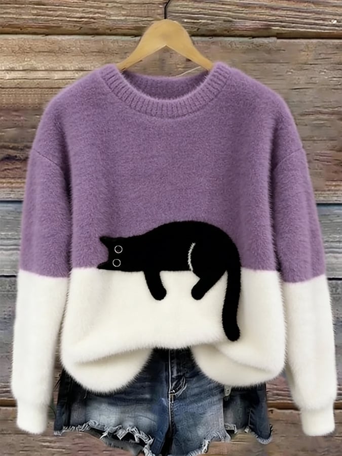Emma™ | Elegant Cat Print Oversized Sweater