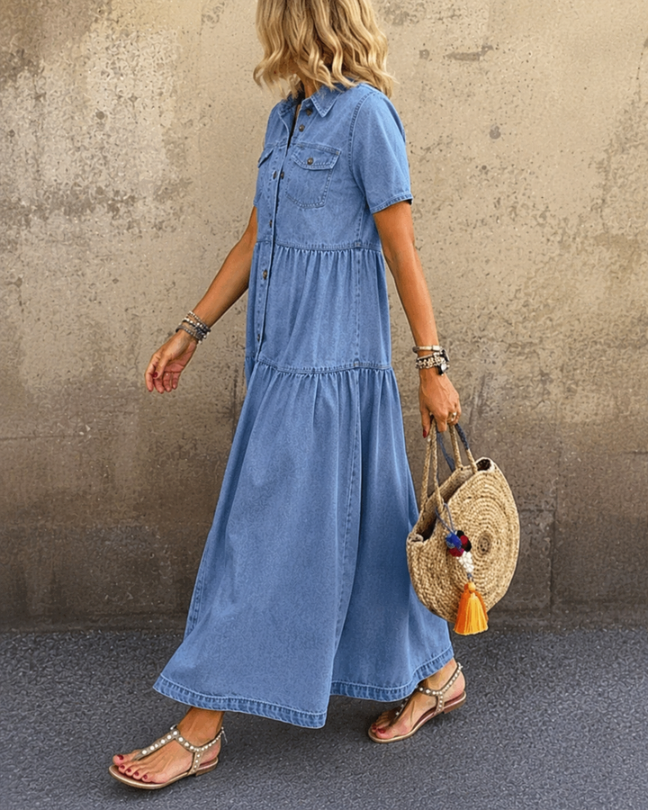Emma™ | Belly-covering Denim Midi Dress with Buttons