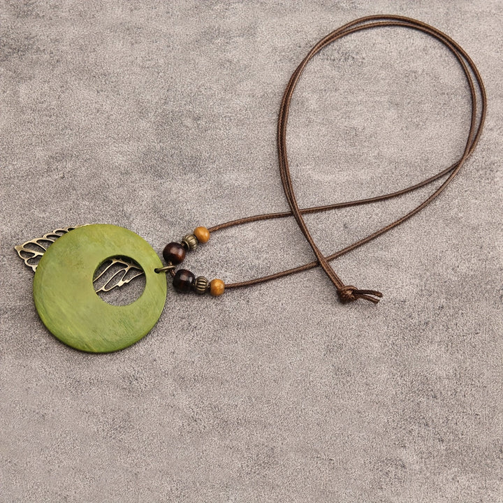 Bohemian Wax Rope Leaf Shaped Pendant Long Necklace