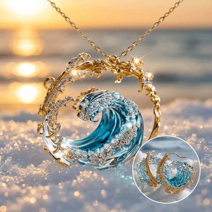 Ocean Wave Necklace & Earrings Set – Gold Tone