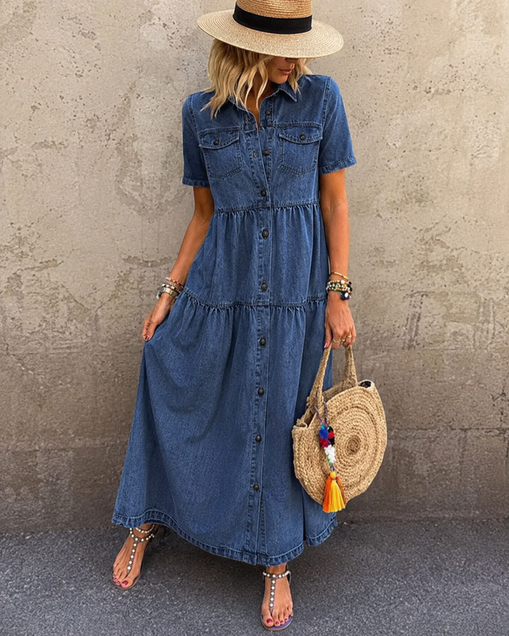 Emma™ | Belly-covering Denim Midi Dress with Buttons