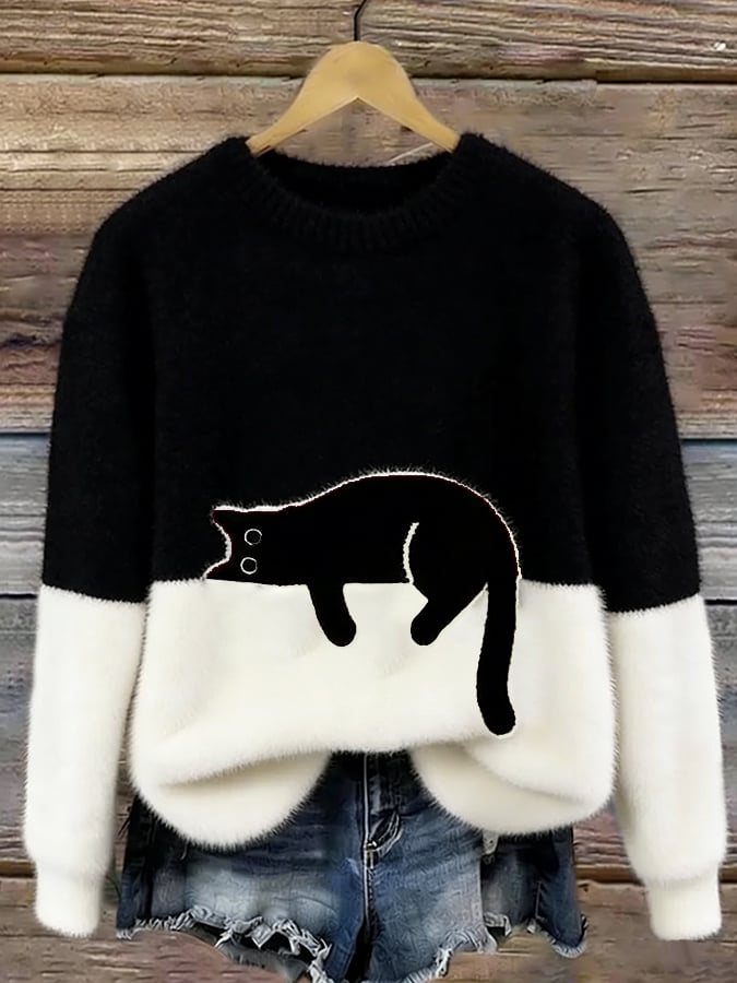 Emma™ | Elegant Cat Print Oversized Sweater
