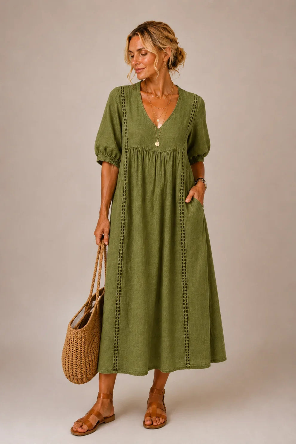 Tiffany™ | Tummy-Flattering Midi Dress with V-Neck