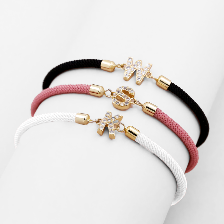 Dainty Personalized Initial Cord Bracelet with Pavé Crystal Charm
