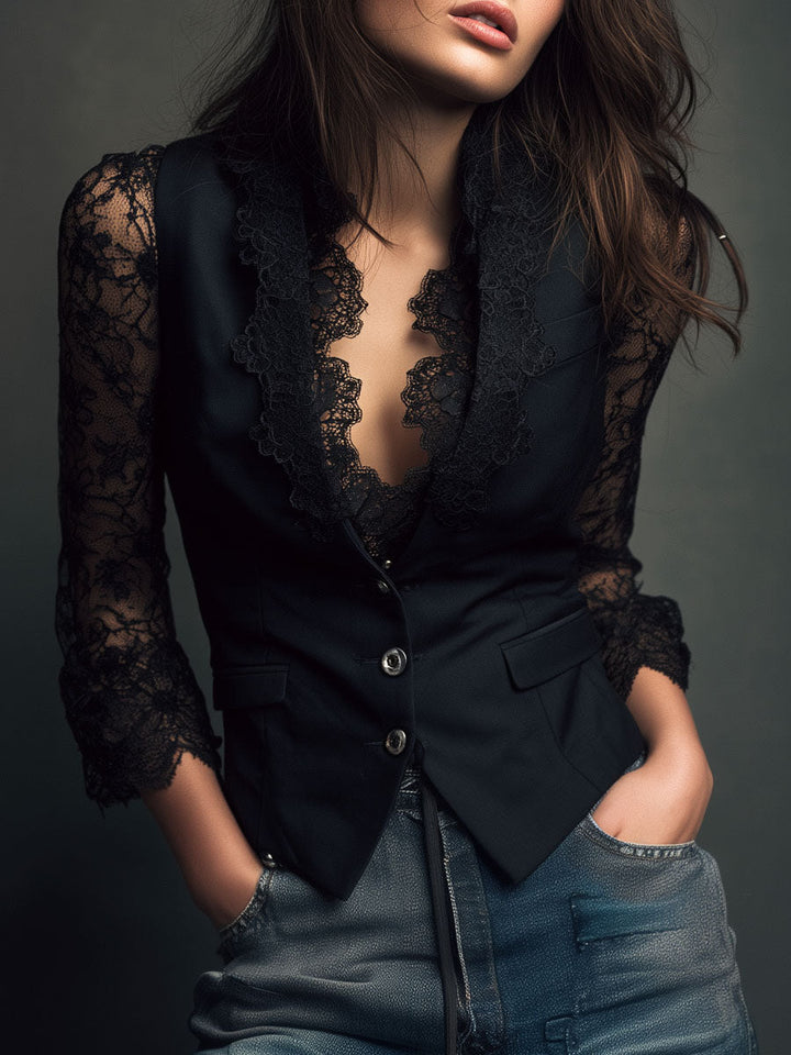 Noémie | Blazer Top with Sheer Sleeves