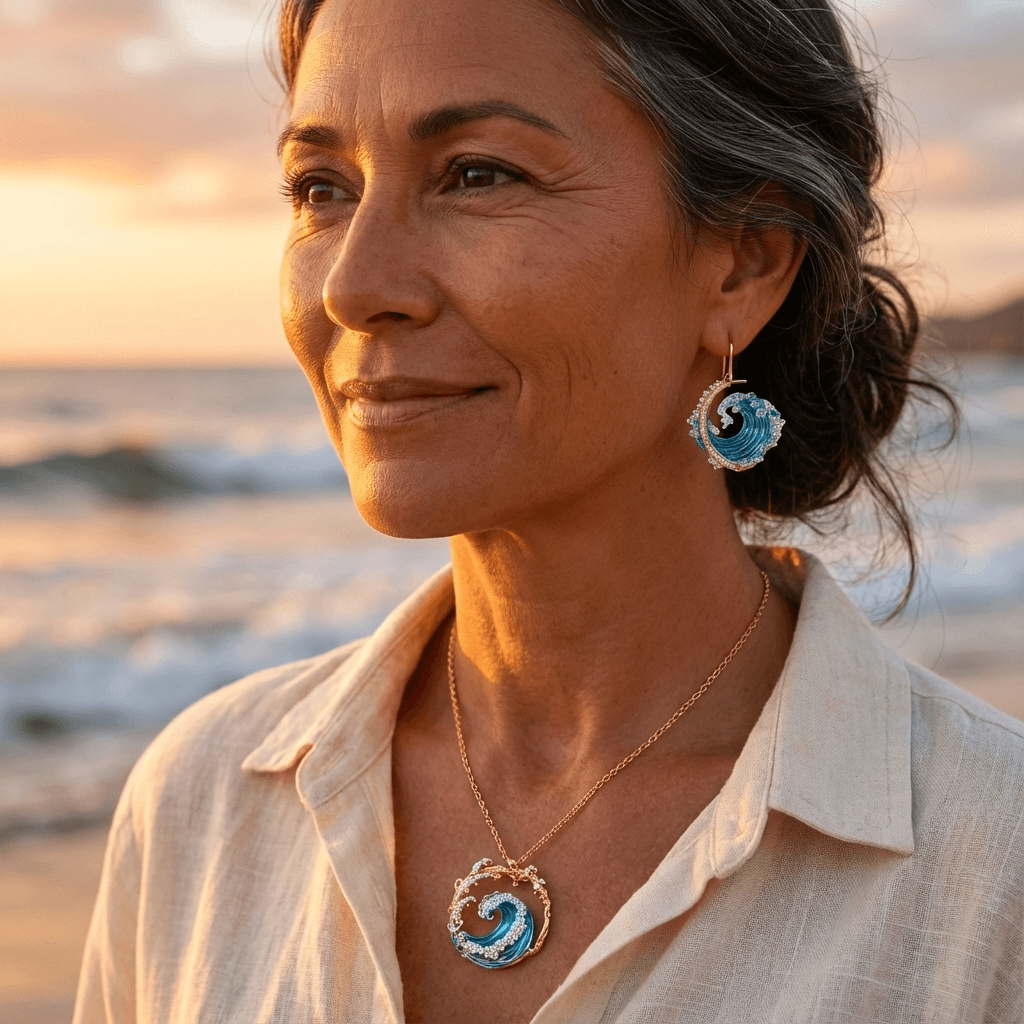 Ocean Wave Necklace & Earrings Set – Gold Tone
