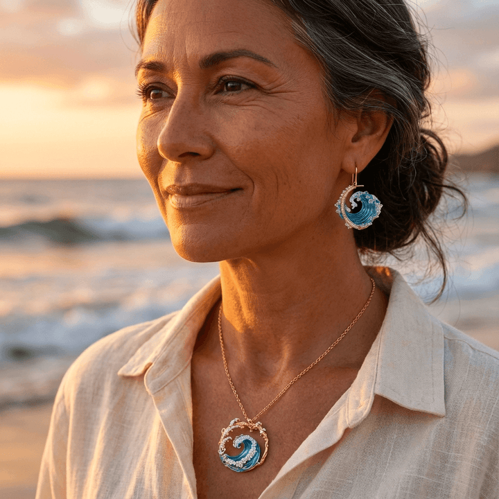 Ocean Wave Necklace & Earrings Set – Gold Tone