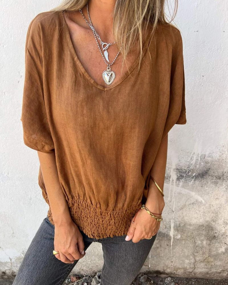 Bomia - Comfortable Waisted T-Shirt with V-Neckline