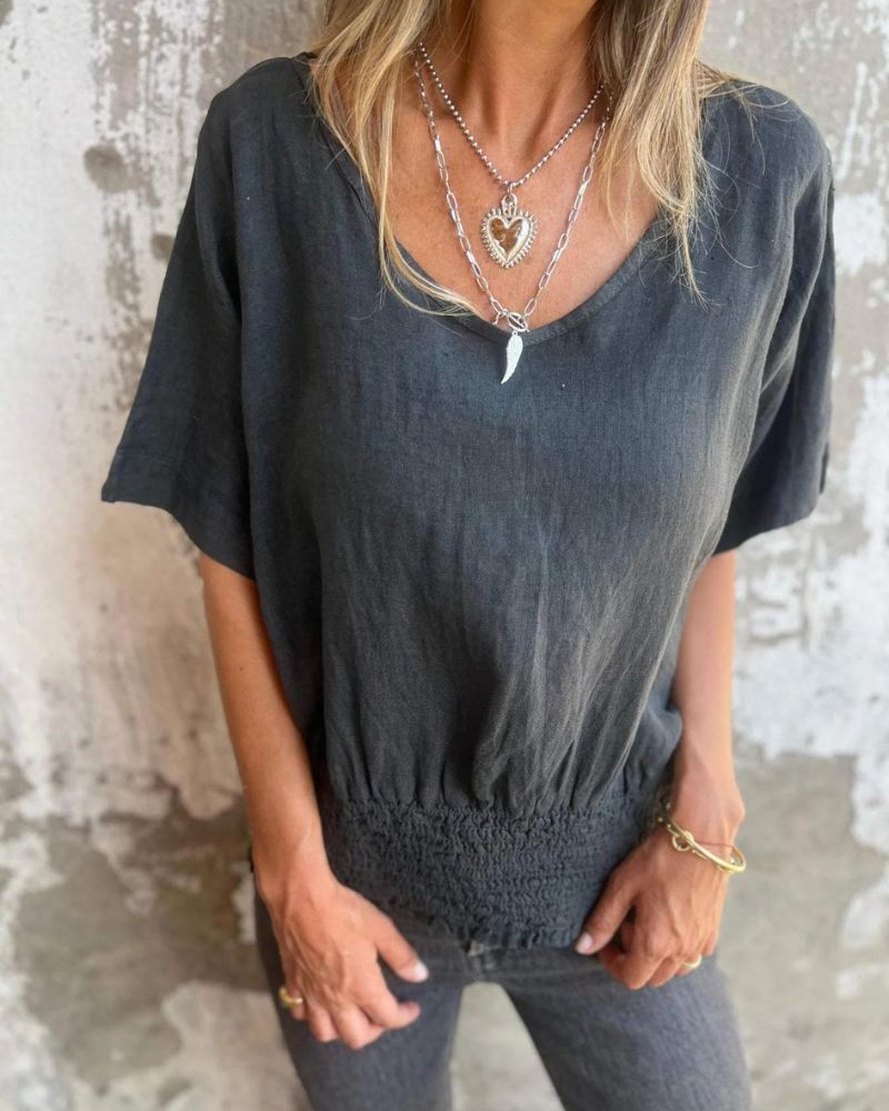 Bomia - Comfortable Waisted T-Shirt with V-Neckline