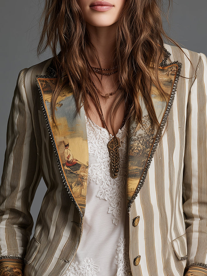 Suzanne | Boho Striped Blazer with Printed Collar