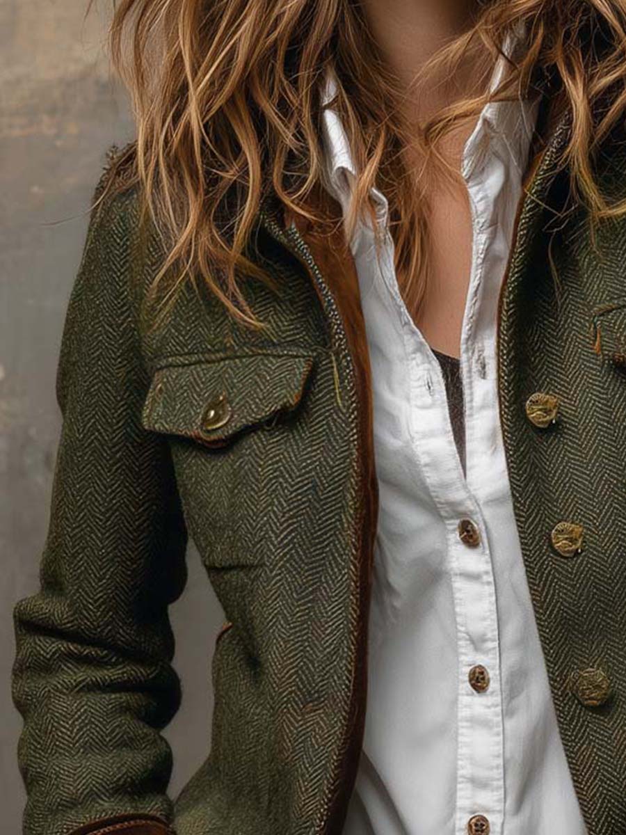 Honorine | Vintage Herringbone Blazer with Contrast Trim