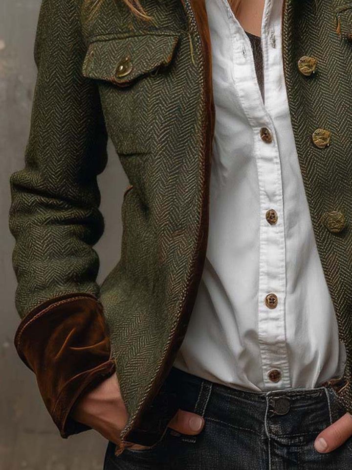 Honorine | Vintage Herringbone Blazer with Contrast Trim