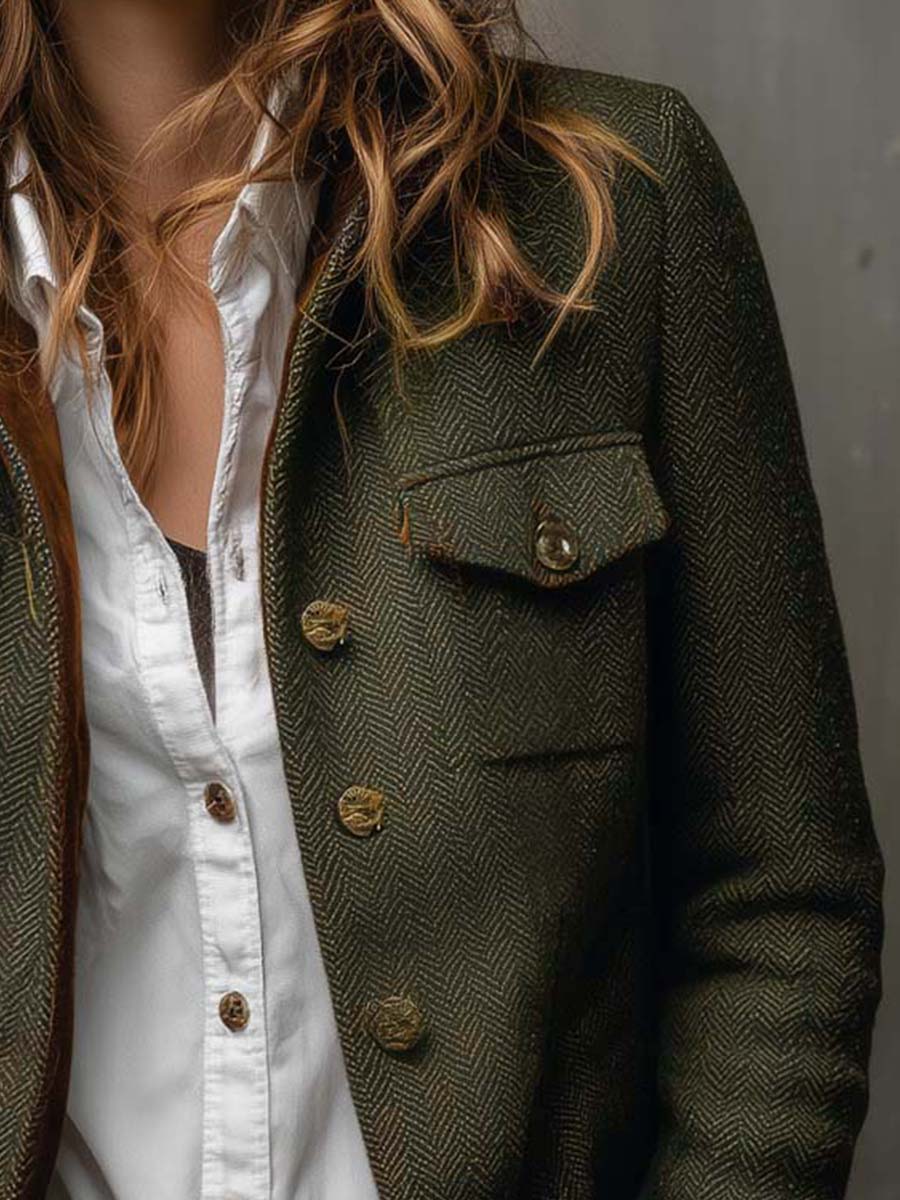 Honorine | Vintage Herringbone Blazer with Contrast Trim