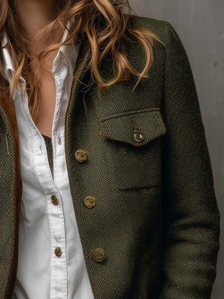 Honorine | Vintage Herringbone Blazer with Contrast Trim