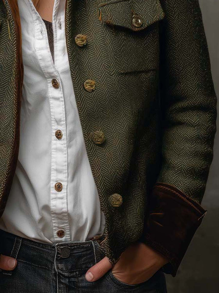 Honorine | Vintage Herringbone Blazer with Contrast Trim