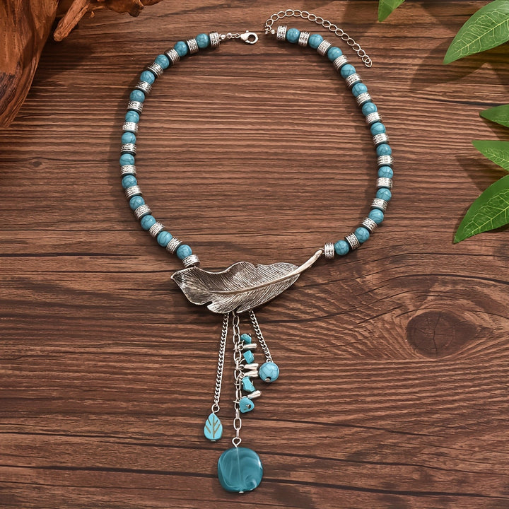 Vintage Bohemian Style Turquoise Beads Leaf Pendant Necklace
