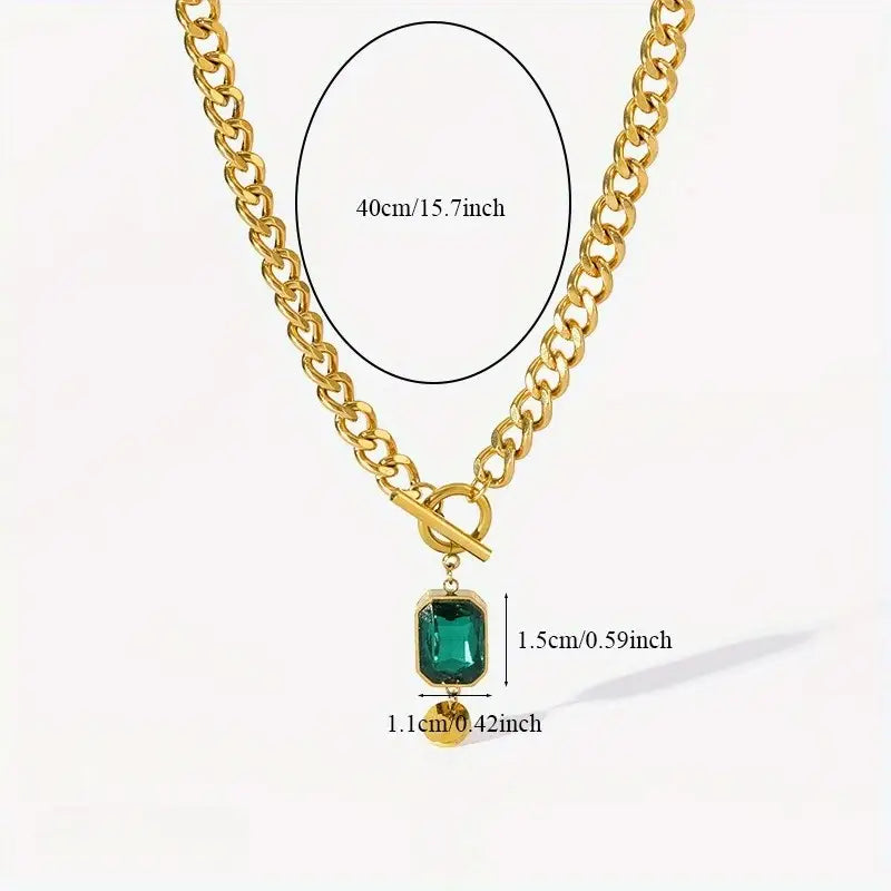 Chunky Chain Emerald Pendant Necklace – Gold Tone
