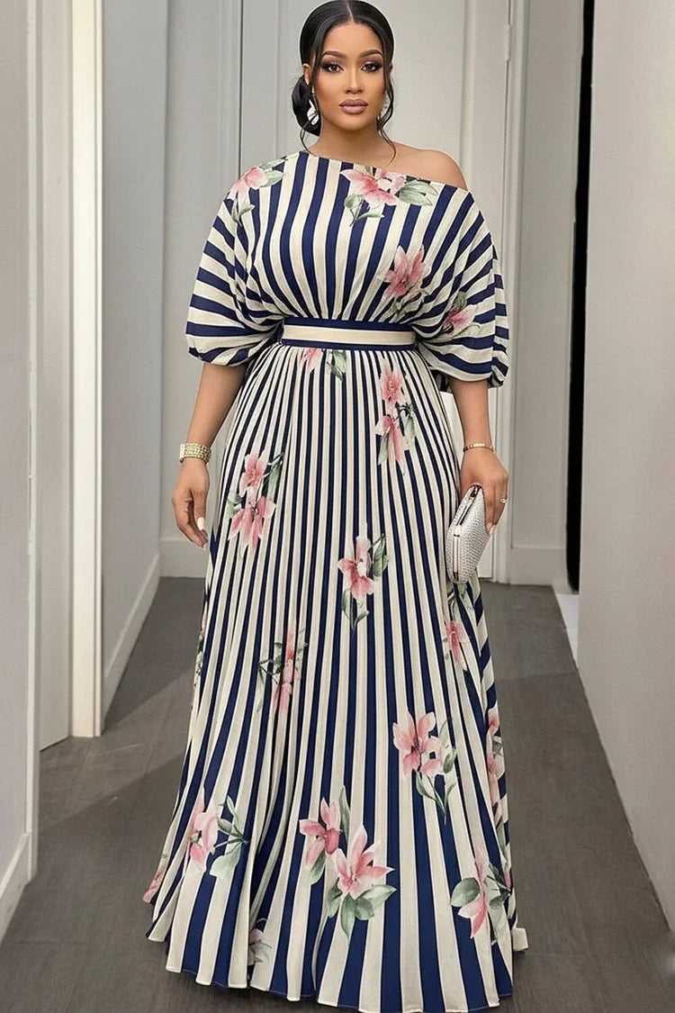 One Shoulder Cinch Waist Striped Floral Print Maxi Dress