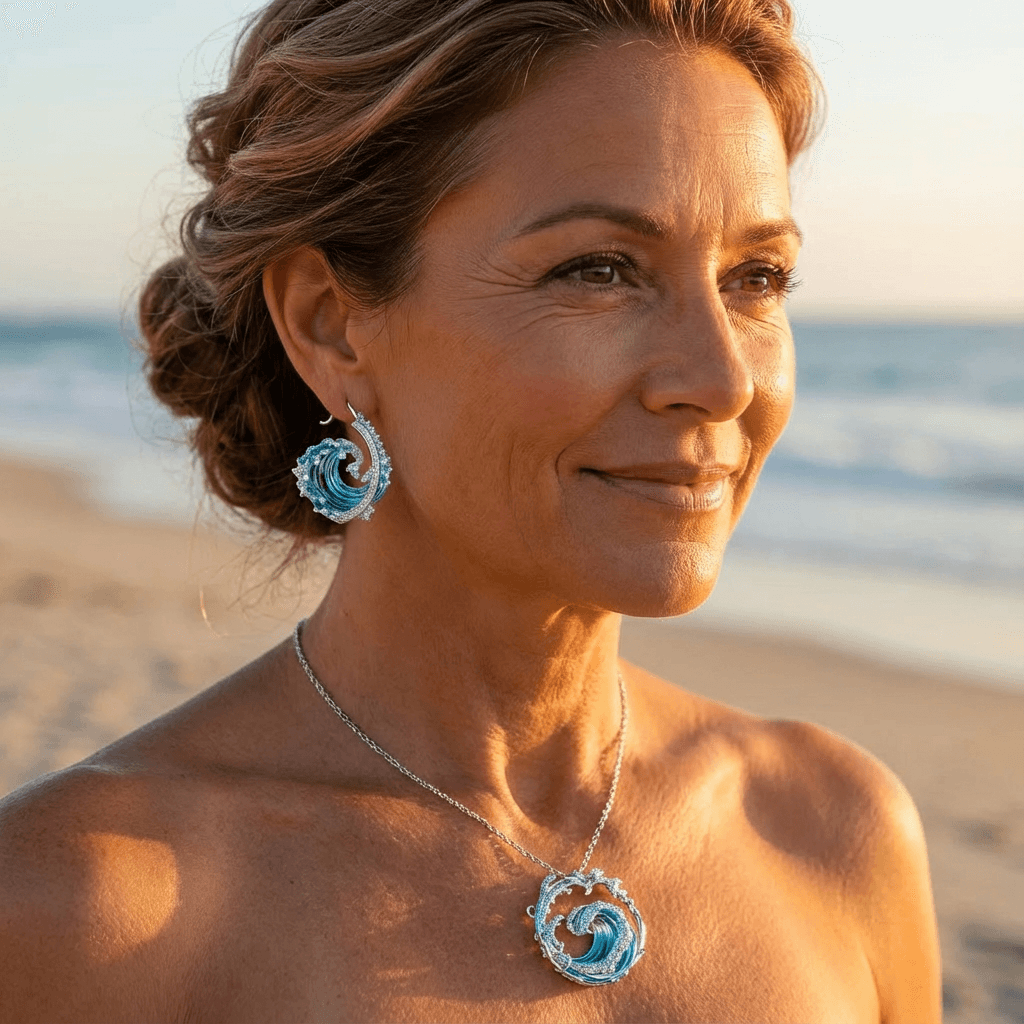 Ocean Wave Necklace & Earrings Set – Silver Tone