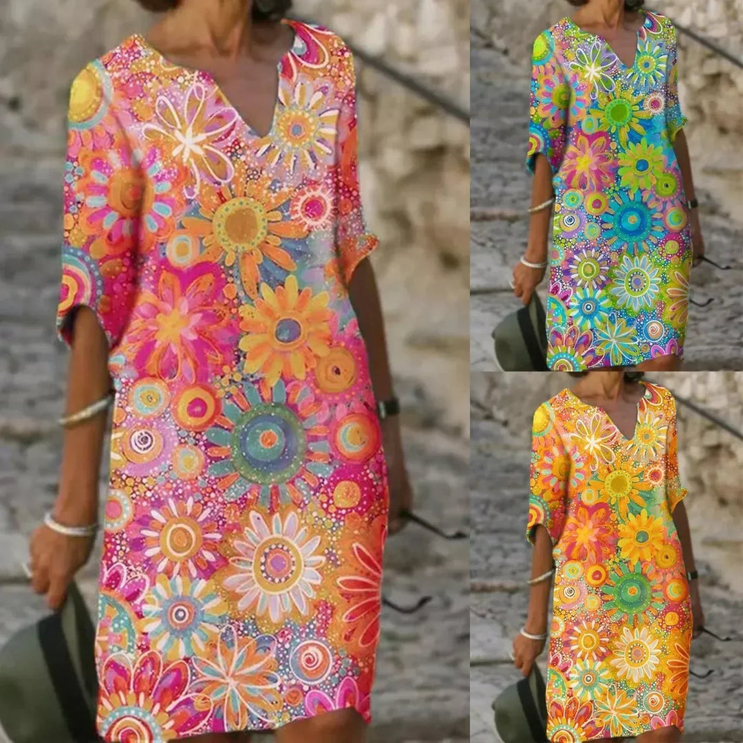 Jelissa™ - Floral Print Dress with V-Neckline
