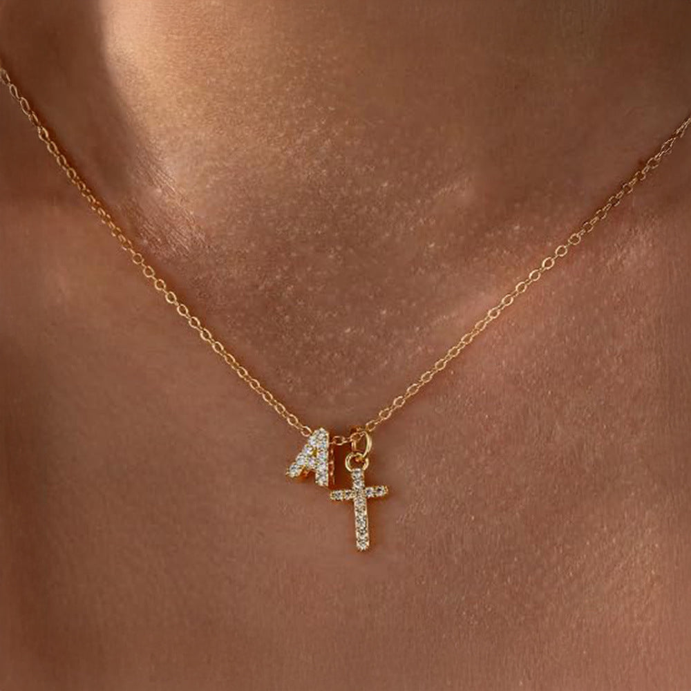 Dainty Crystal Initial & Cross Pendant Necklace