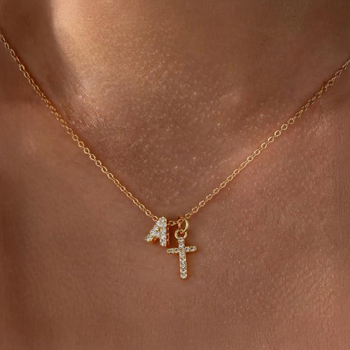 Dainty Crystal Initial & Cross Pendant Necklace