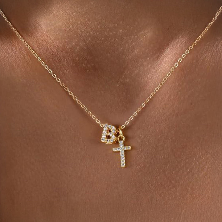 Dainty Crystal Initial & Cross Pendant Necklace