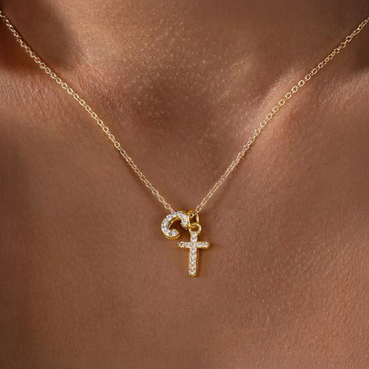 Dainty Crystal Initial & Cross Pendant Necklace
