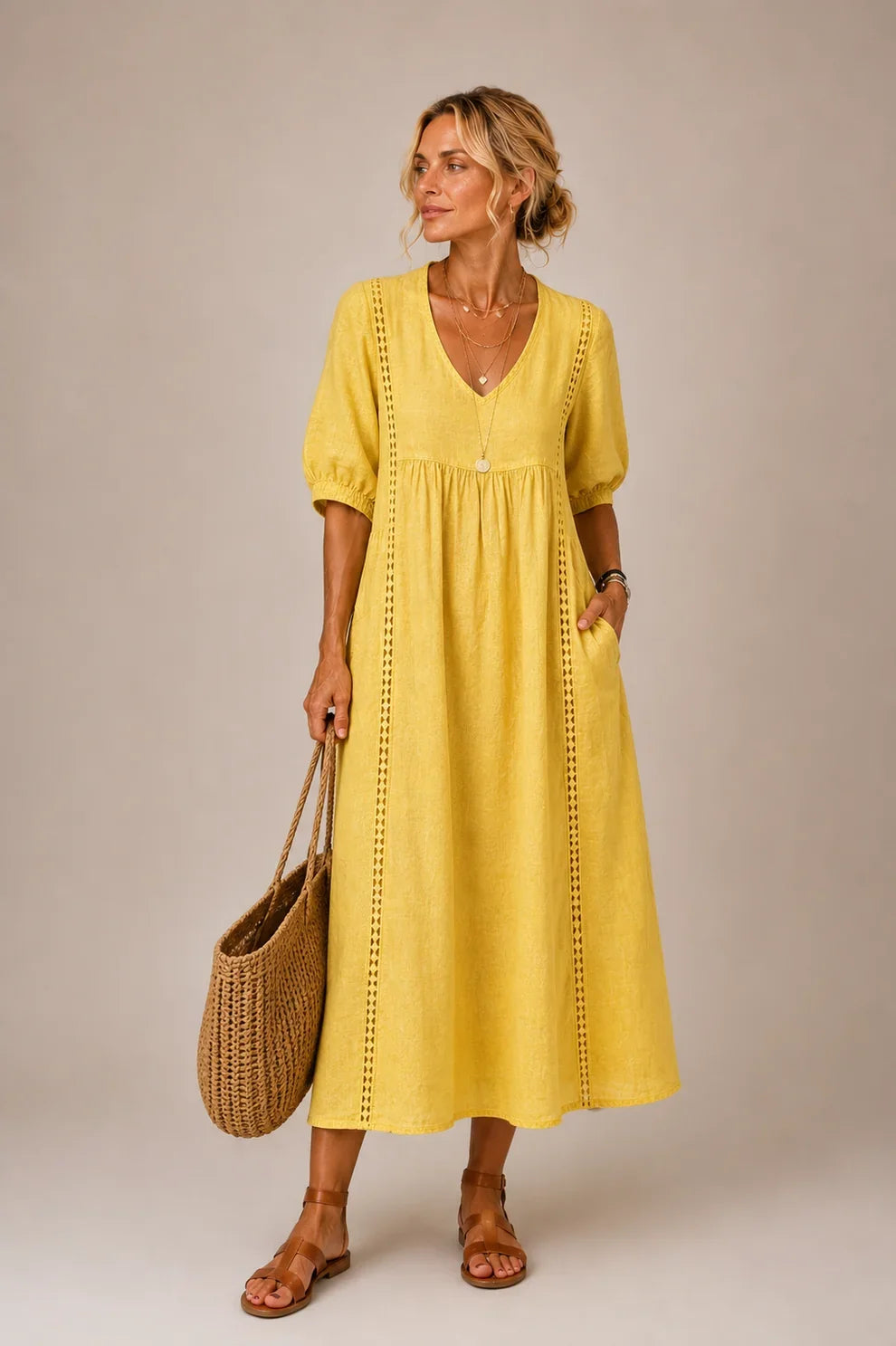 Tiffany™ | Tummy-Flattering Midi Dress with V-Neck