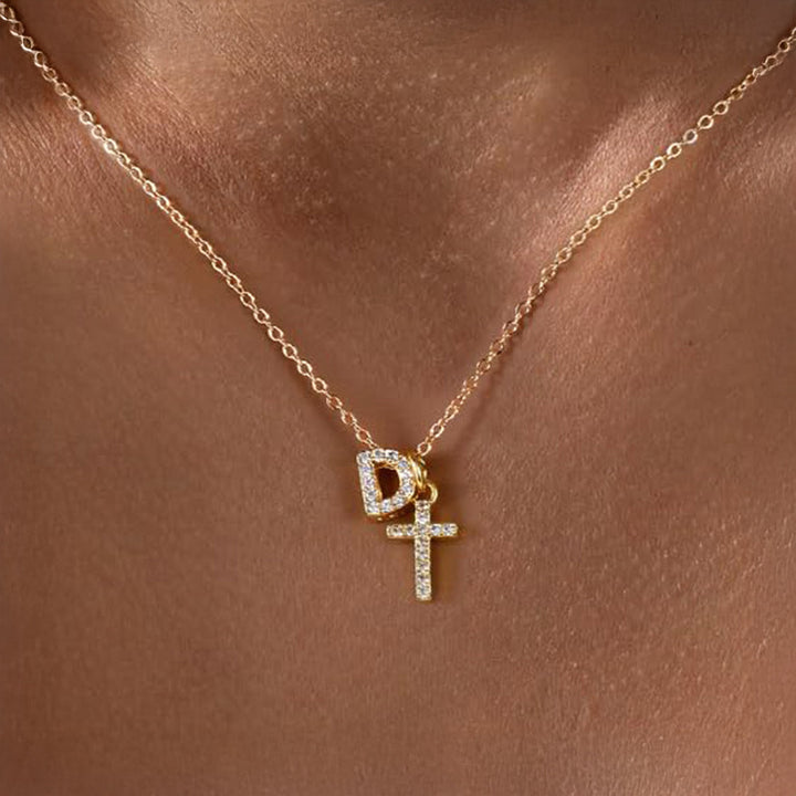 Dainty Crystal Initial & Cross Pendant Necklace