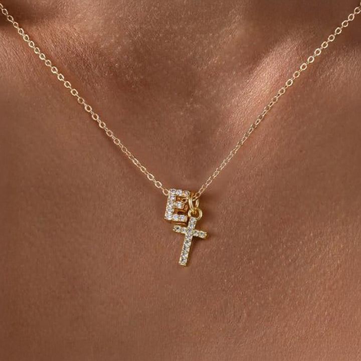 Dainty Crystal Initial & Cross Pendant Necklace
