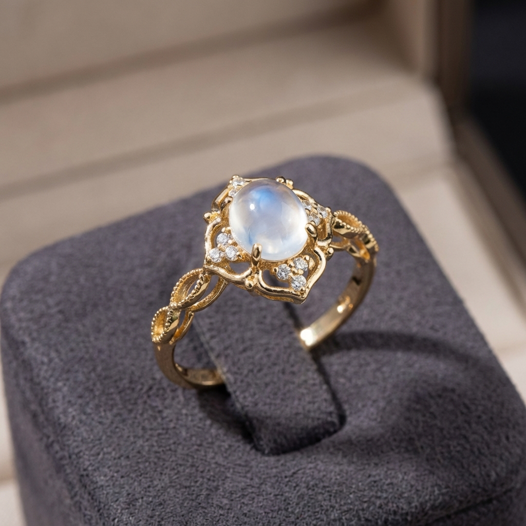 Elegant Hollow Flower with Cat Eye Stone Moonstone Ring