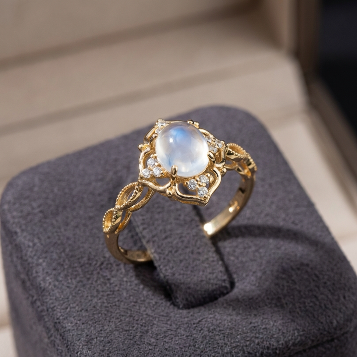 Elegant Hollow Flower with Cat Eye Stone Moonstone Ring