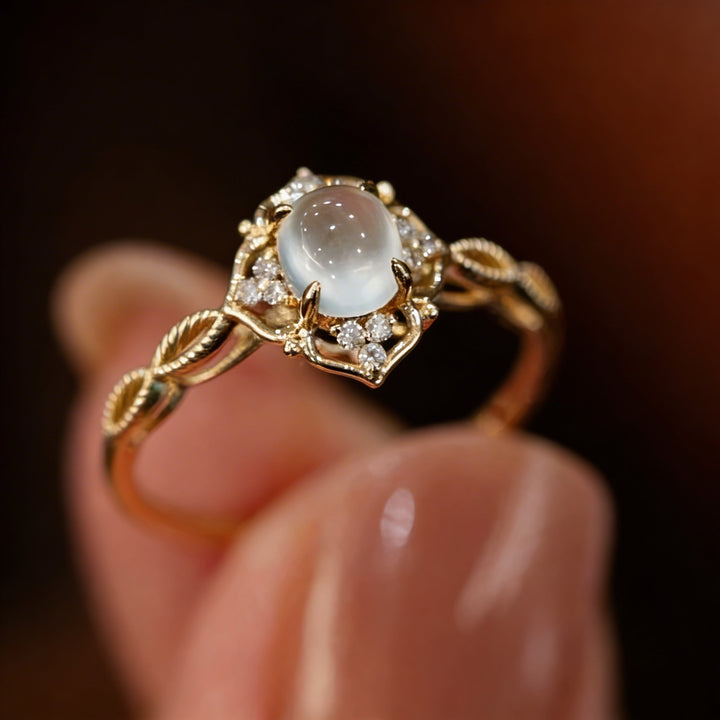 Elegant Hollow Flower with Cat Eye Stone Moonstone Ring