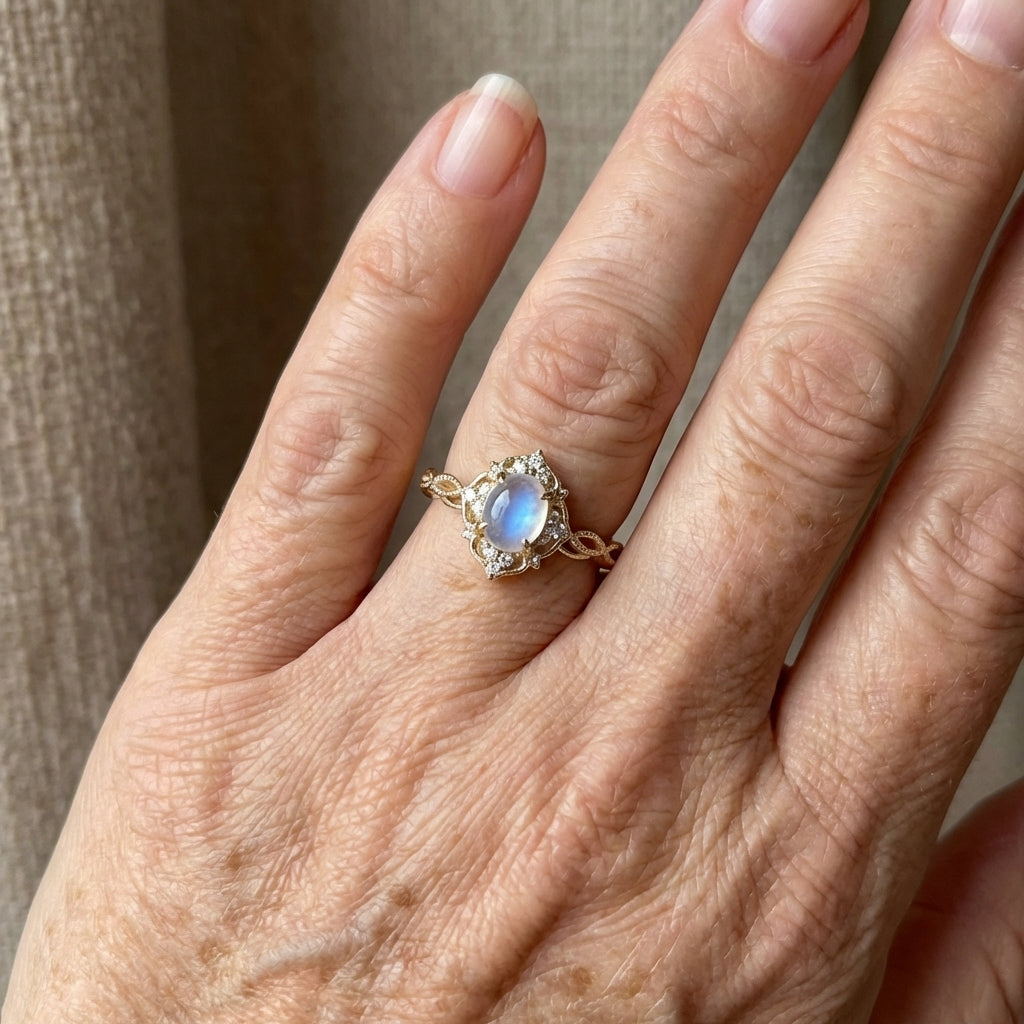 Elegant Hollow Flower with Cat Eye Stone Moonstone Ring