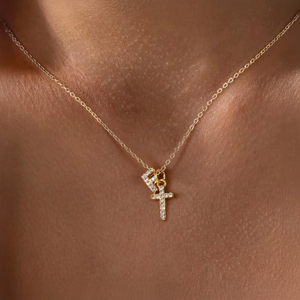 Dainty Crystal Initial & Cross Pendant Necklace