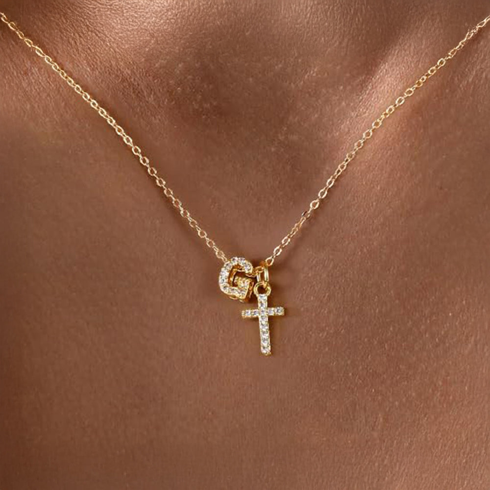 Dainty Crystal Initial & Cross Pendant Necklace