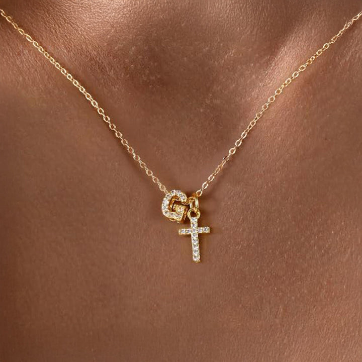 Dainty Crystal Initial & Cross Pendant Necklace